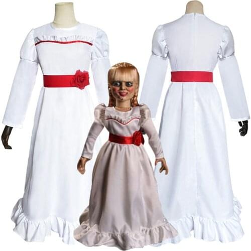 White ConjingDoll Annabelle Dress Adult Kids Cosplay Costume Horror Moive Mask Halloween Party Performing Skirt for Women Girls