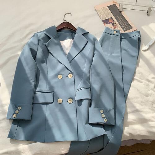 Casual Women Pant Suits Notched Collar Double Breasted Blazer Jacket & Pencil Pant Female Suit Spring Autumn Office Lady Sets