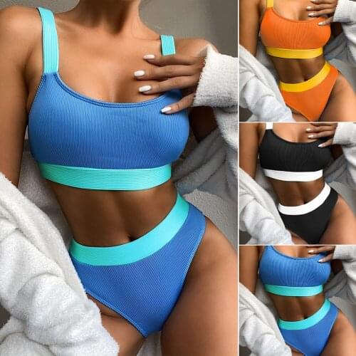 Swimsuit Women Bikini 2 Piece Set Push Up Sports Top High Cut Thong Color Contrast Beachwear Bathing Suits Swimwear