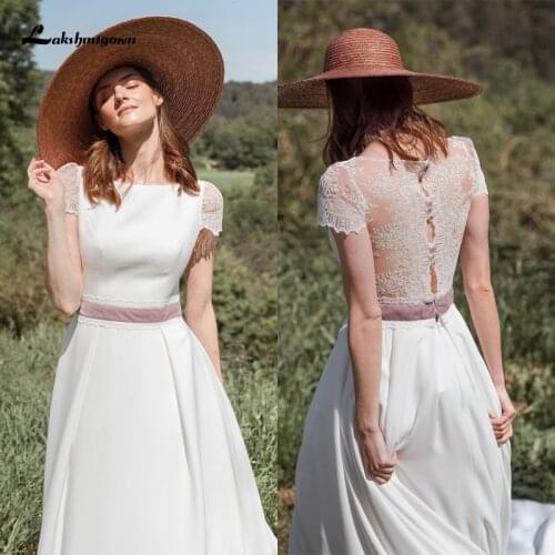 Lakshmigown Boho Wedding Dresses Short Sleeve Scoop Neck Beach Bridal Gowns Soft Satin Princess Party Dresses vestido de novia