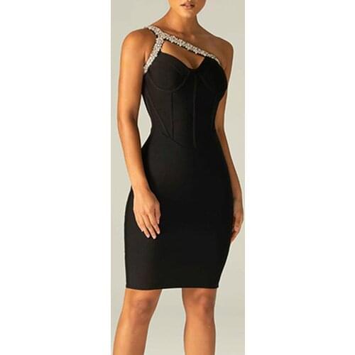 Summer Womens Sexy Mini Black Dress One-Shoulder Crystal Decoration Tight Sleeveless Dress Celebrity Catwalk Party New Vestidos