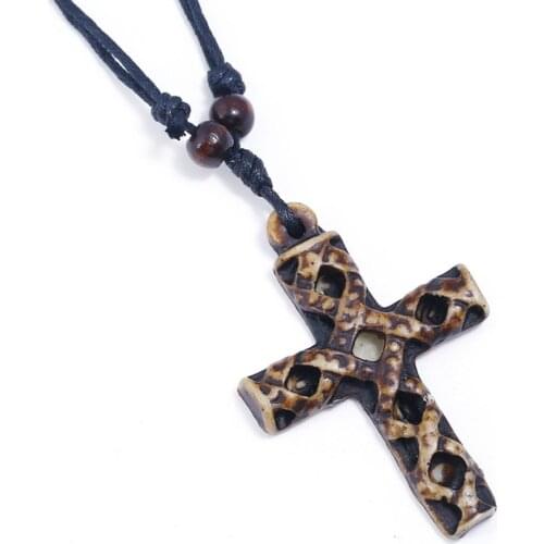 Fashion Simple Jesus Cross Pendant Necklace Resin Pendant Wax Line Necklace Mens and Womens Religious Jewelry Holiday Gifts