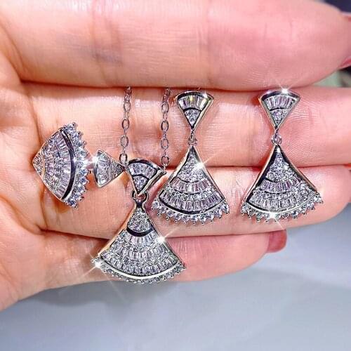 Fashion 925 Sterling Silver Sweet Geometric Sector Women Necklace Earrings Jewelry Set With Crystal Nice Party Wedding Gift