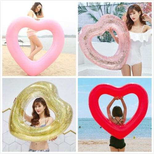 Pink Sequins Heart Swimming Ring Inflatable Float Loving Heart Adult Child Swim Ring Summer Party Water Toys