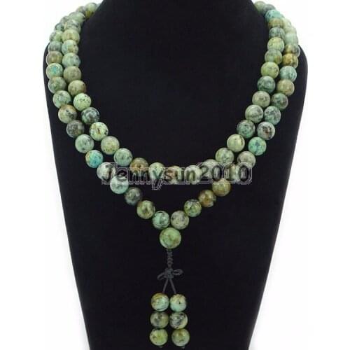Natural Tur-quoise 10mm Gems Stone Buddhist 108 Bead Prayer Mala Long Necklace Multi-Purpose Bracelet Necklace 5Strands/Pack