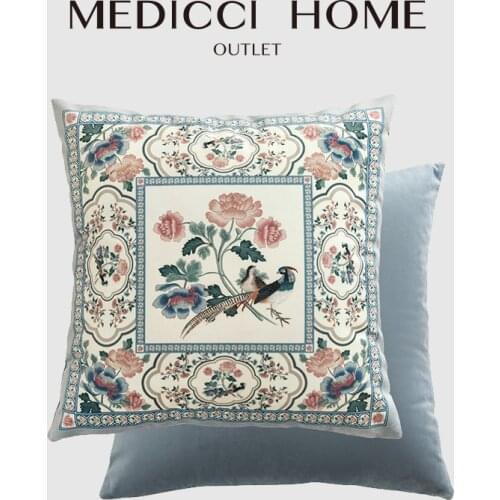 Medicci Home Square Pillow Cover Birds' Twitter and Fragrance Of Flowers Chinese Classic Pattern Cushion Case For Couch Bed Sofa
