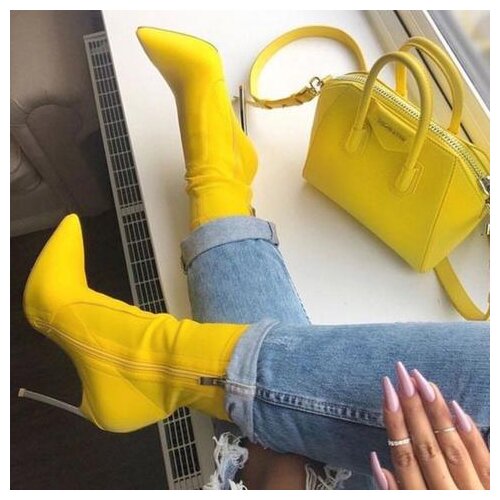 New women Ankle boots Yellow Pointed toe in high Heel For Ladies Party PU Leather Summer Riding Shoes with Zipper Size 43-45