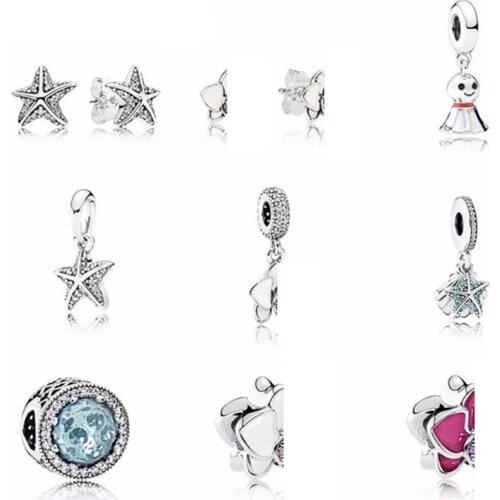 NEW 100% 925 Sterling Silver Starfish Earrings Charms Stars bead Fits Bracelets DIY bracelet Factory jewelry Gift Wholesale