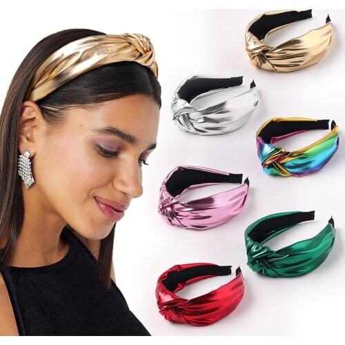 2019 PU leather Headbands Gold Silver Knotted Hairbands Glitter Headband Solid Color Leather Hair Hoop Women Hair accessories