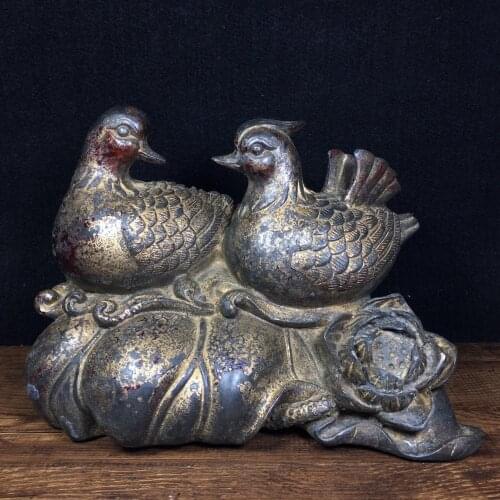 9" Tibet Buddhism Temple Old bronze Mandarin duck statue Aix galericulata Male bird, female bird, together Implication Forever