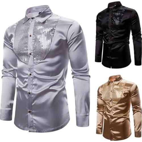Silky satin shirt mens British palace dress long-sleeved plus size glitter shirt stage singer costume camisas de hombre silver