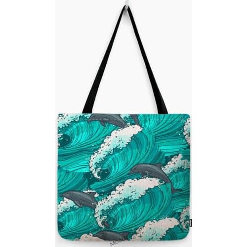 Great Geometric Sea Wave Seaspray Nordic Style Shoulder Carrying Bag Water Resistant Cotton Linen Large Size Shopper Tote Bag