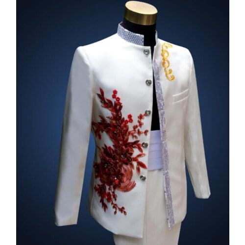 White Blazer men Chinese tunic suit set pants mens wedding suits Sequin singer star style dance stage clothing formal dress