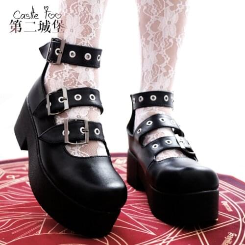 Lolita Girls Gothic Punk Stud Dark Flat Platform Shoes New thick bottom retro bowknot women shoes loli cosplay cos Lolita