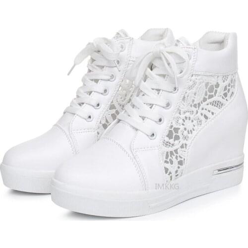 2021 Summer Women Wedge Platform Sneakers Woman Pointed Toe Silver Creepers Rubber Leather High Heels Lace Up White Casual Shoes