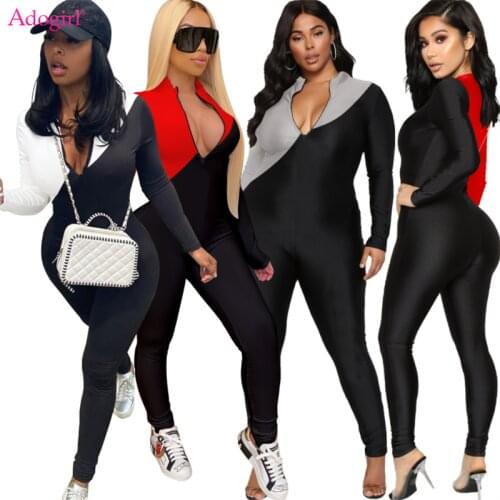 Adogirl Color Patchwork Women Bandage Jumpsuit Zipper Long Sleeve Casual Sport Fitness Overalls Stacked Pants Tracksuit