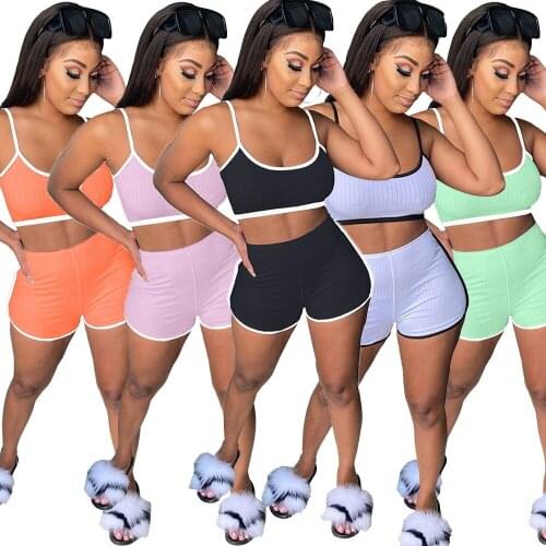 Echoine Women Ribbed Tracksuit Sleeveless Crop Tank Top Shorts Set Sporty Active Yoga Work Out matching set biker shorts stretch