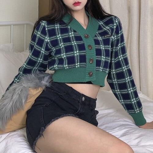 Autumn Winter Green Vintage Plaid Cardigan Sweater Women V Neck Cropped Chunky Knit Cardigan Top Long Sleeve Knitted Cardigan
