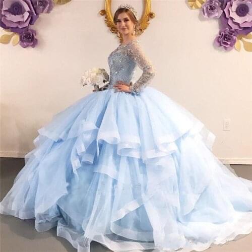 Tiered Ruffled Quinceanera Dresses Long Sleeves Puffy Skirt Beading Crystals Princess Sweet 16 Girls Masquerade Prom Gowns