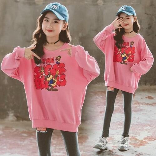 10 12 years Girls Oversize Tops Long-sleeve Cartoon Print Pink Sweatshirt for Teen Girl