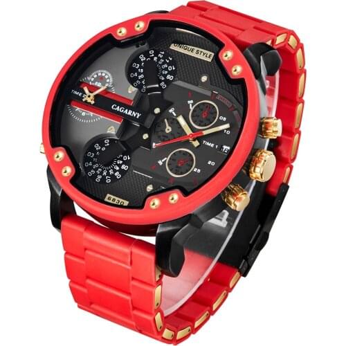 Big Case Mens watches Red Silicone Gold Stainless Steel Sports Wristwatch Man Dual Times Military Reloj Hombre Quartz Watch Men