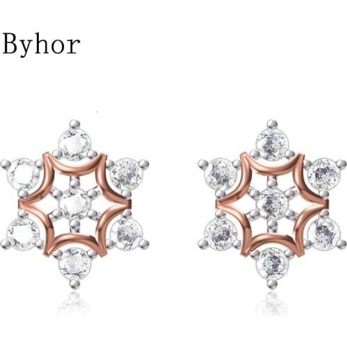 Byhor Solid 14K White/Yellow+White/Rose+White Gold 0.924ct H/SI Natural Diamonds Stud Earrings Women Flower Cерьги Fine Jewelry