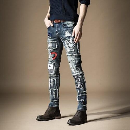 Fashion Hip-Hop Rock Tide Casual Trousers 73%cotton New Mens Male Denim Jeans Autumn Embroidered Slim Feet Pants