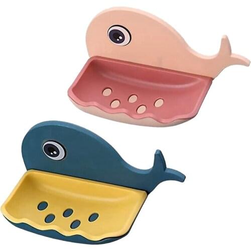 2 Pcs Creative Free Punch Cartoon Fish Soap Box Soap Holder Household Wall-Mounted Drain Soap Box Khaki + Dark Blue