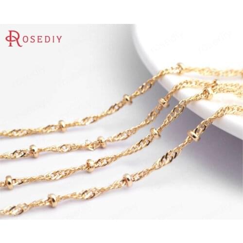 F612)2 Meters Width 1.7mm 24K Champagne Gold Color Copper Twisted Link + Station Beads Necklace Chains High Quality Accessories