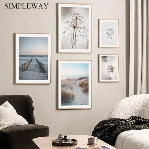 Blue Pier Beach Sunrise Landscape Poster Wilted Plant Coastline Nordic painting Art Wall Picture Home Living Room Hotel Decor