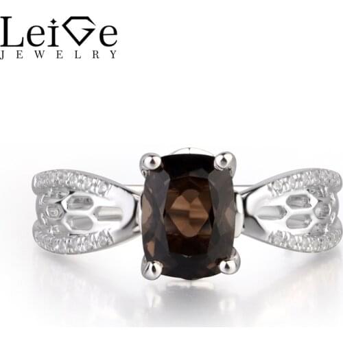 Leige Jewelry Natural Brown Color Smoky Quartz Gemstone Cushion Cut Prong Setting Anniversary Hollow Silver Rings Classic Gifts