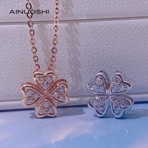 AINUOSHI 18K Gold Round Cut 0.09ct Real Diamond Four Leaf Clover Pendant Necklace Good Luck Exquisite Jewelry for Women 18"