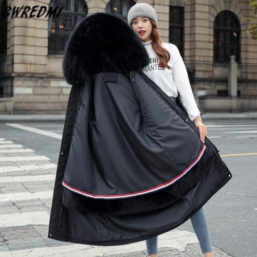SWREDMI Long Winter Coat Women Fashion Distachable Fur Lining Snow Wear Jackets 2021 High Street Padded Clothing Outerwear S-3XL