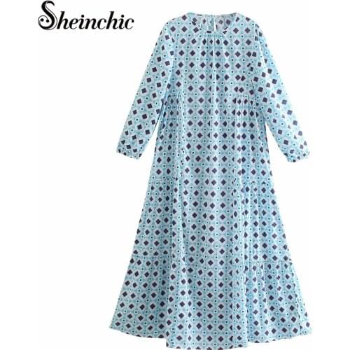 Casual O-neck Long Sleeve Printed Long Dresses for Women Spring Summer Elegant Vintage Pleated Chiffon Maxi Dress