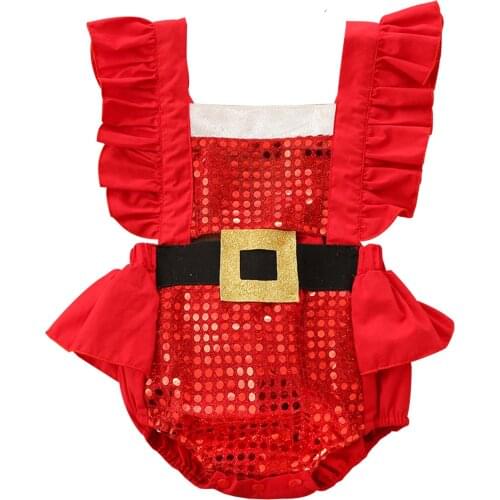 Newborn Baby Girls Christmas Playsuit, Toddler Tie-up Ruffle Sequin Fly Sleeve Square Collar Romper