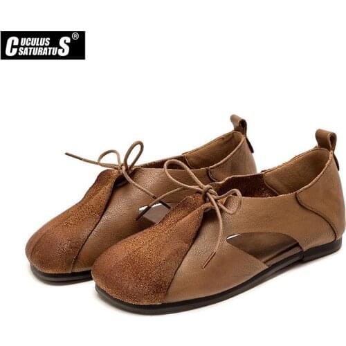 Womens Sandals 2021 Summer Genuine Leather Handmade Ladies Shoe Leather Sandals For Women Flats Retro Style Mother Shoes