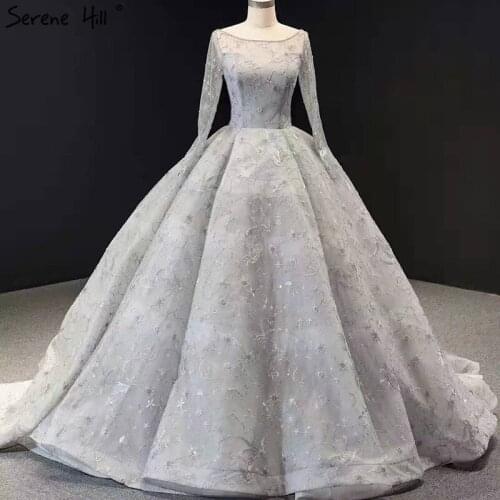 Silver Handmade Flowers Beading Wedding Dresses Design 2020 Long Sleeves Sexy Luxury Bridal Gowns HM66954 Custom Made