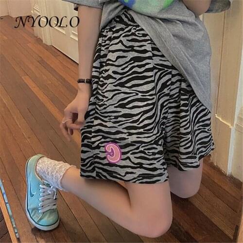 NYOOLO Harajuku Zebra Love Heart Pattern Elastic High Waist Shorts Women Kawaii Clothes Summer Streetwear Sweet Girl School Wear