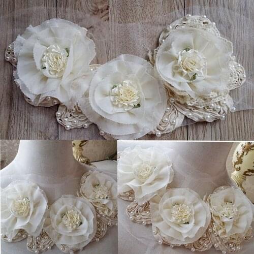 Pearl Beaded Patches Sew-On Chiffon Appliques Satin Flowers Appliques With Rhinestone For DIY Dress Shirt Collar 1 Pcs