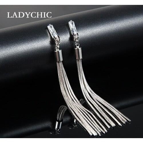 LADYCHIC High Quality Long Tassel Silver Color Dangle Earrings Bling Crystal Earrings Women Fashion Jewelry Gift for Girlfriend