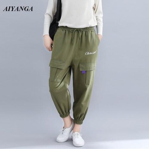 2018 Loose Cargo Pants Women Autumn Harem Pants Female Elastic Waist Casual Trousers For Women Fashion Pockets Pants Plus Size