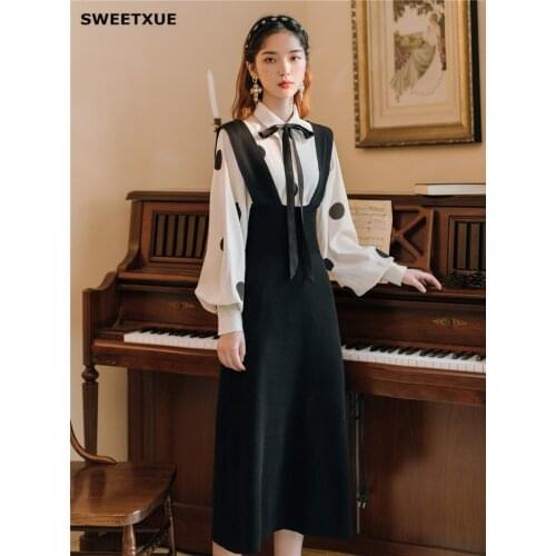 SWEETXUE 2019 Girls Fashion Two-Piece Dress Suits Women Lantern Sleeve Wave Point Bow Lace-Up Shirt+Retro Knitted Long Skirt Set