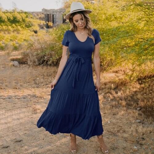 Women Sundress Vintage Boho Style Maxi Long Dress Summer V Neck Sexy Bohemian Solid Floor-length Beach Dress