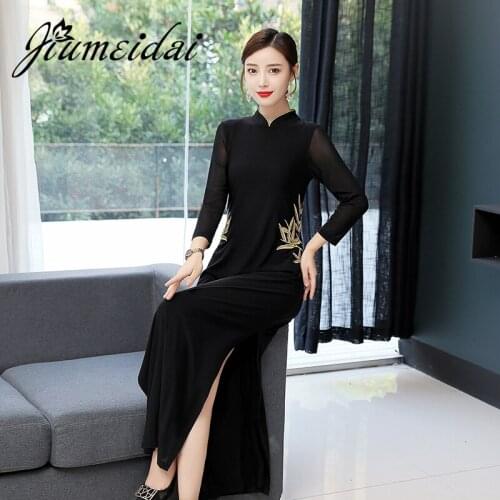 JiuMeiDai Women Chinese Style Embroidery Dress Ladies Elegant Stand Collar Long Dresses Female Retro Party Cheongsam Plus Size