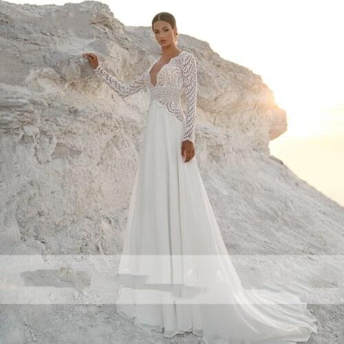 Wedding Dress Boho Long Sleeves Boho Wedding Dresses 2021 V Neck Bohemian Lace Chiffon Bridal Dress Beach Bridal Gown Simple