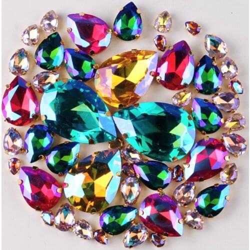 Gold claw setting Water drop shape 7 sizes mix 50pcs/bag glass crystal sew on rhinestone beads wedding dress shoes bags diy