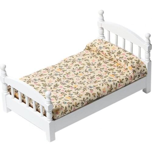 1/12 Cute Miniature Wood Bed Living Room Toy Decor Furniture Wooden Single Bed with Sheet Model Dollhouse Toy for Birthday Gift