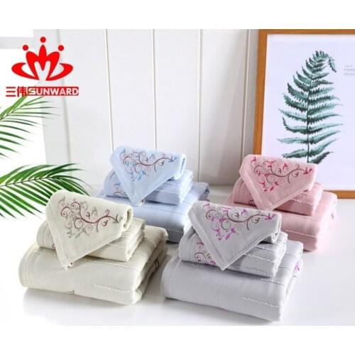 2Set Gauze Bath Towel Cotton Towel Three-piece Embroidery Pattern