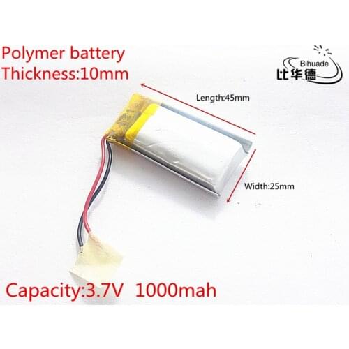 3.7V 1000mAh 102545 Lithium Polymer Li-Po li ion Rechargeable Battery cells For Mp3 MP4 MP5 GPS PSP mobile bluetooth