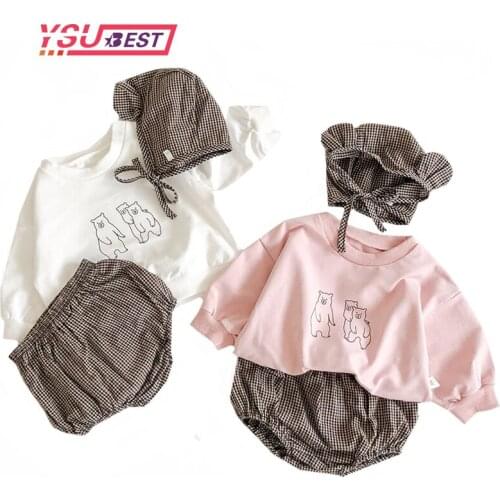 Summer Twin Girls Boy Suit Cotton Cartoon Bear T-shirt+ Hat + Grid PP Shorts Baby Girl Clothes New Born Baby Girl Clothes 3Pcs